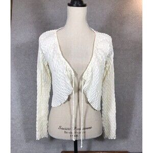 Cropped Knit Cardigan Sweater XL Cream Color Tie Front Stretch Office Coquette